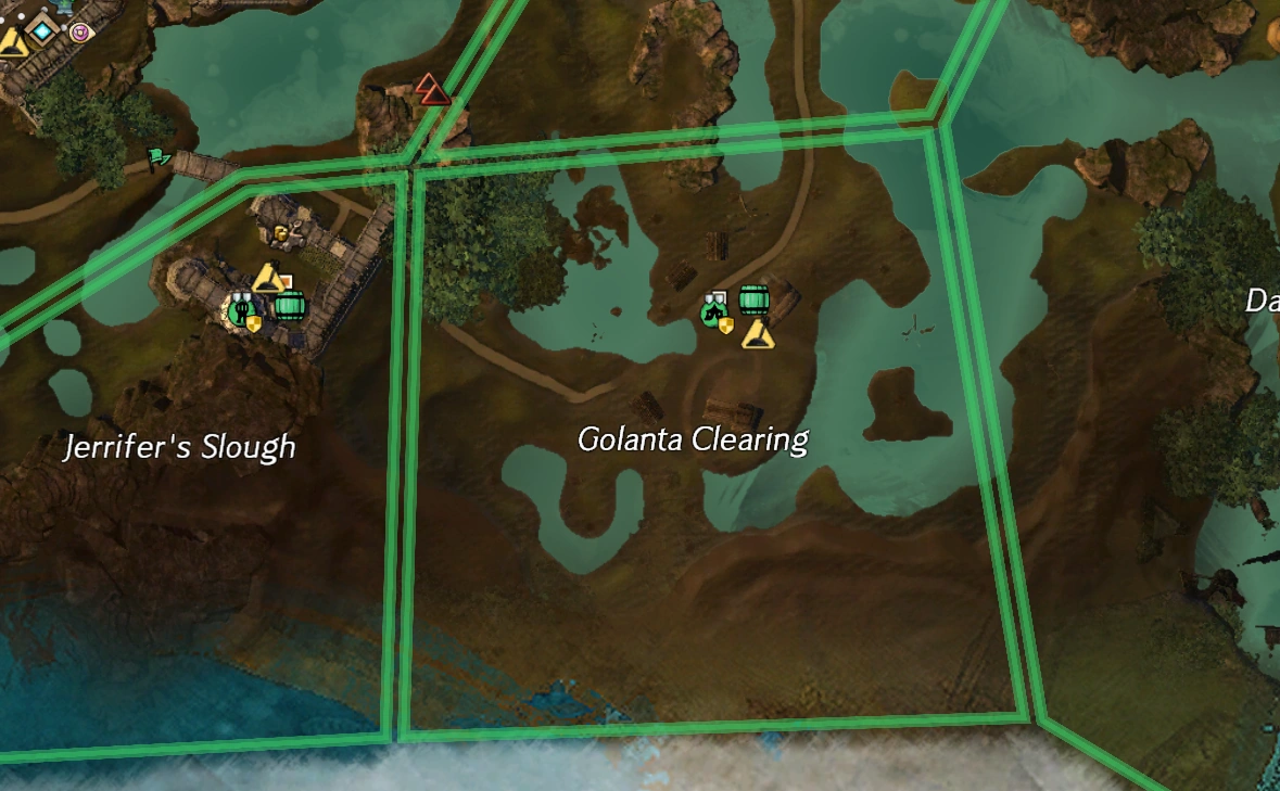 WvW 지도에 표시된 보급 캠프와 주변 이동 경로